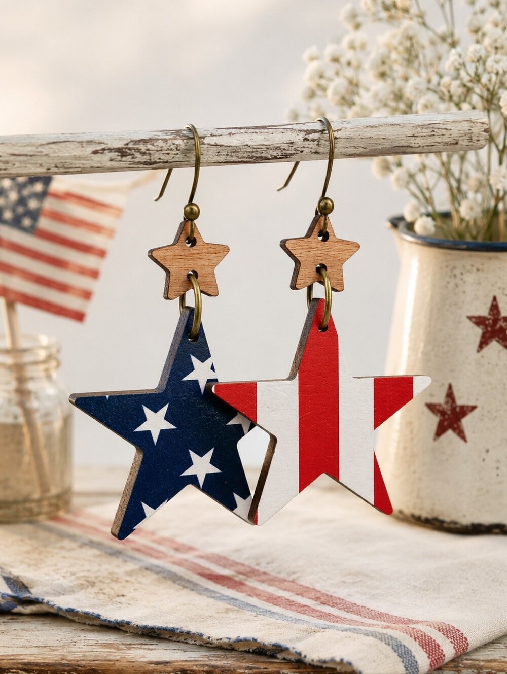 Star Earrings Patriotic Americana Nostalgia Red White & Blue Hand Crafted